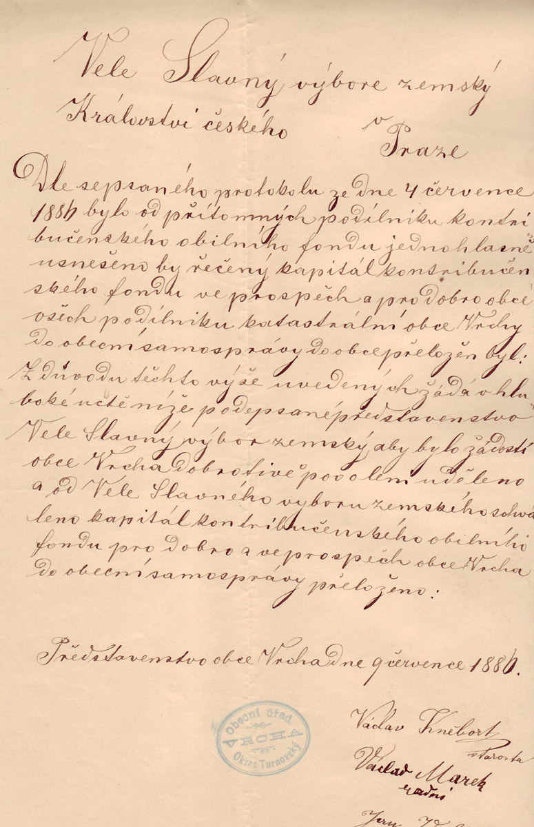 Žádost obecního výboru zaslaná Zemskému výboru Králoství českého 9. července 1886